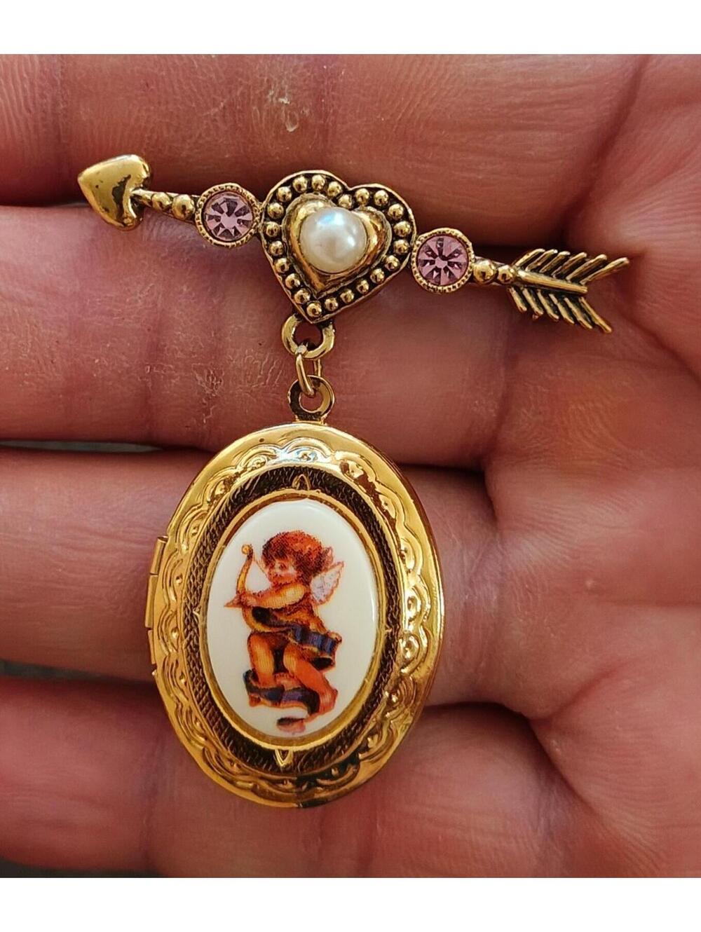 1995 Avon "Cherished Moments" Cupid Gold Tone With Rhinetones Locket Pin Brooch